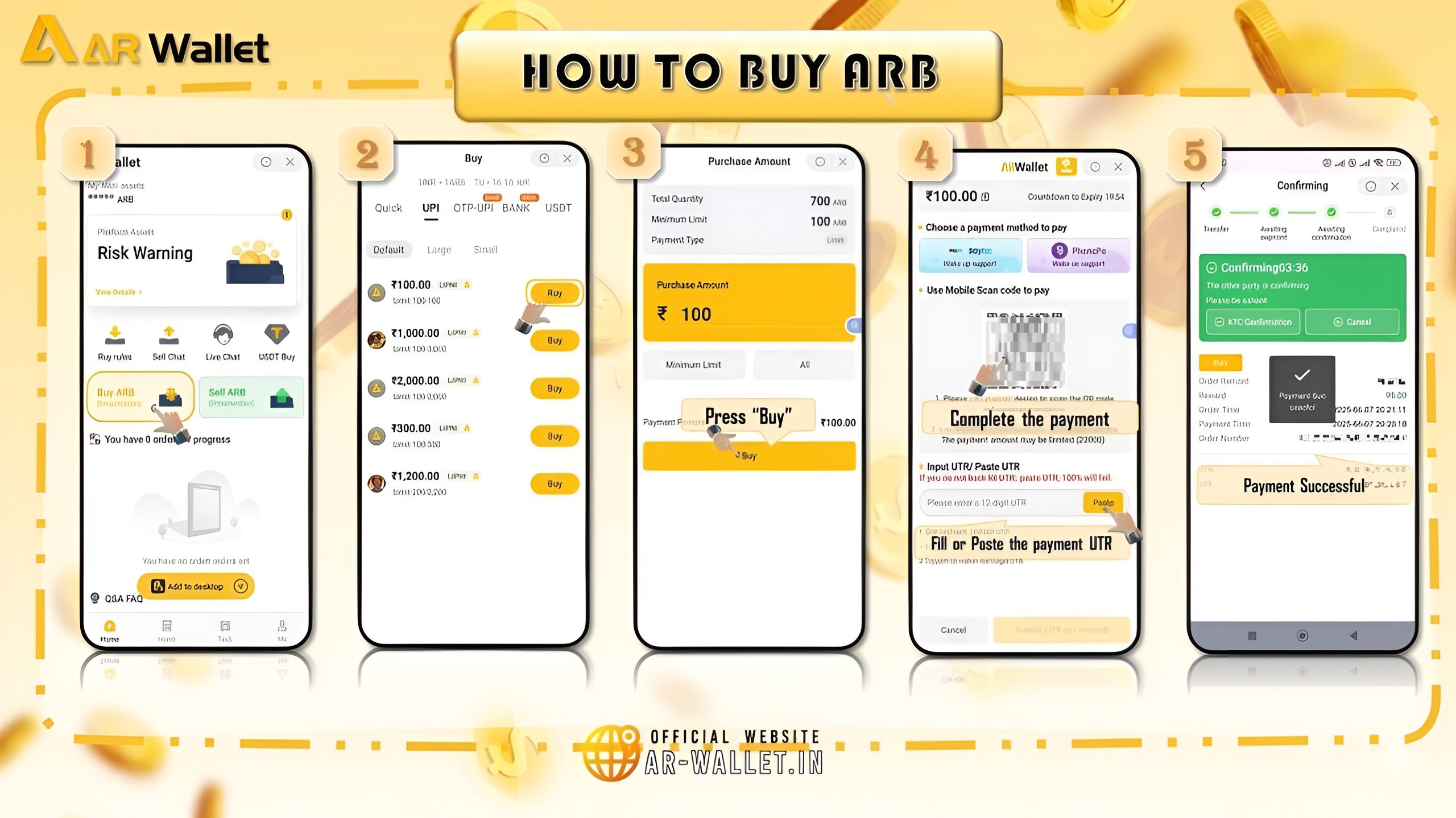 How to buy ARB tokens step by step AR Wallet trading guide using UPI payment India